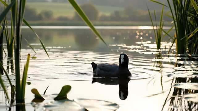 Black coot duck swimming peacefully on a calm lake, surrounded by reeds and water lily pads, reflecting sunlight.