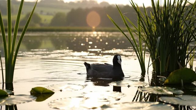 Scenic shot of a coot bird swimming in a calm lake at sunrise with reflections on the water surface and greenery