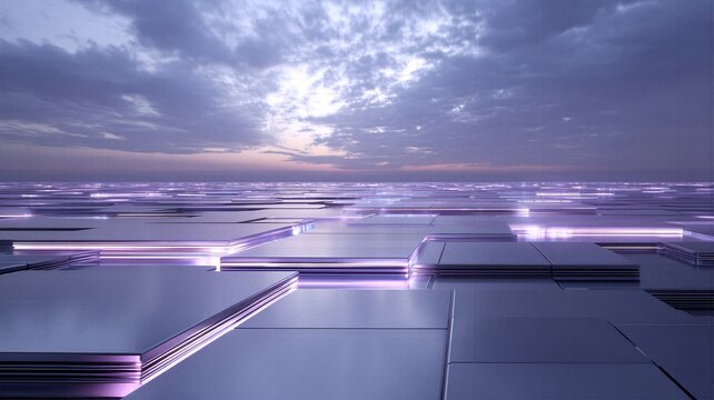 Wide futuristic digital landscape featuring reflective metallic tiles and glowing neon lights. Minimalist backdrop for modern tech presentation, cyberspace environment, or web banner.
