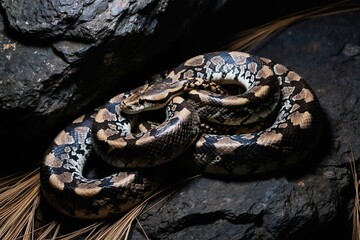 Fototapeta premium Coiled python snake rests on dark rocks. Reptile displays intricate scales and earthy color pattern. Wildlife creature in natural habitat, focus on detailed skin texture.