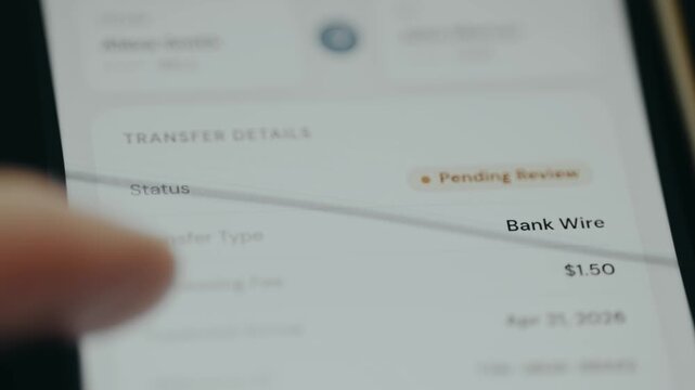 Message confirms the details of a bank transfer currently in progress, status Pending Review
