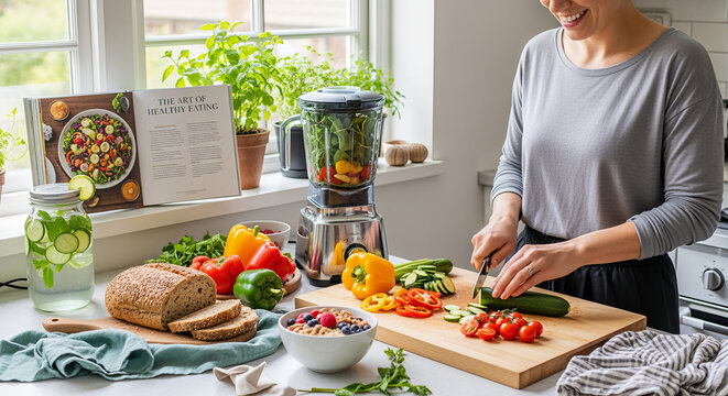 Woman cooking a healthy vegetarian dish with fresh vegetables in a modern kitchen at home.