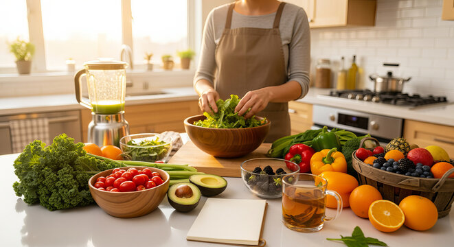 Woman enjoys healthy nutrition prep for wellness at home concept. Fruitful table displays fruits.