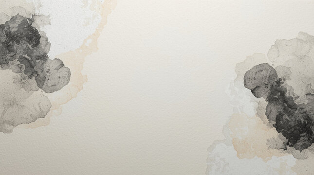 High-resolution texture of handcrafted Washi paper with sophisticated black ink wash and subtle sand-beige watercolor stains, minimalist Japanese Zen background with organic textures and expansive cop