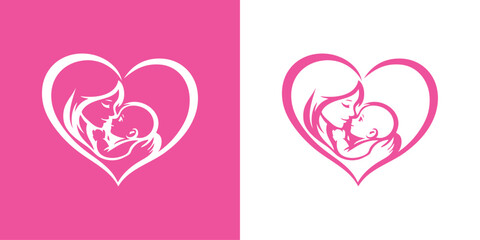 Logotipo con dibujo minimalista con líneas de una madre abrazando a su hijo en un corazón, para tarjetas y felicitaciones del Día de la Madre  © teracreonte