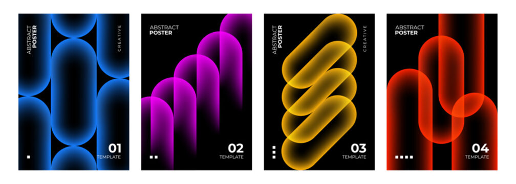 Abstract posters collection. Bright neon colored gradient geometric shapes on black background. Creative graphic designs. Vector illustration.