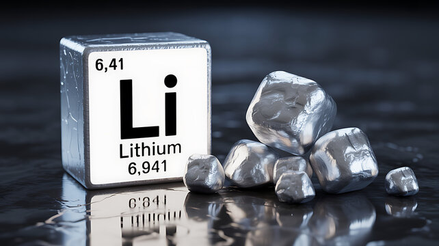 Lithium element with metallic form: Close-up of lithium element, showcased alongside its scientific representation, a glimpse into the world of chemistry and energy.