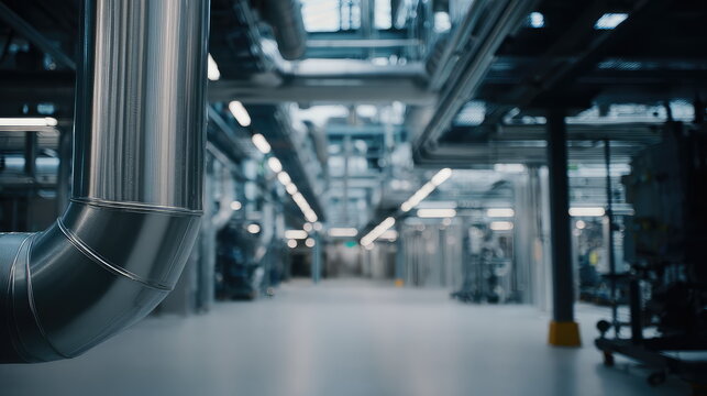 Industrial facility interior featuring large metal ventilation ducts, intricate piping systems, and bright lighting, creating an atmosphere of modern manufacturing and technological infrastructure