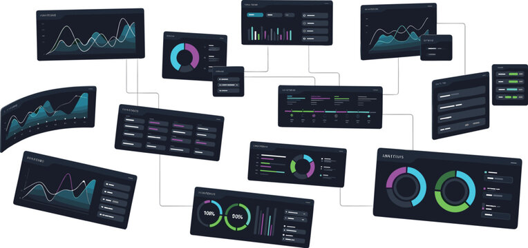 Dark analytics dashboard network vector set with connected data panels, charts, graphs and business intelligence interface design