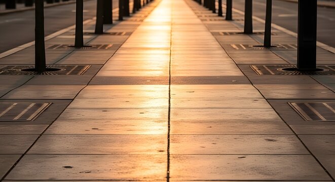 City sidewalk with black bollards and tiled pavement at sunset