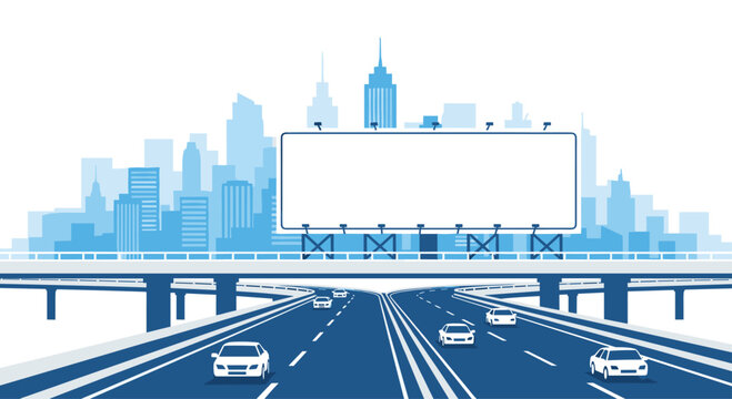 A complex highway interchange with several white cars features a large blank white billboard against a blue city skyline in a modern urban environment.