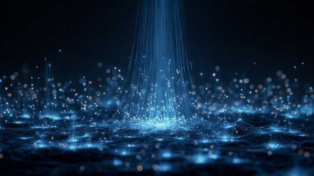 Falling neon blue light threads merging into futuristic cyberspace grid for web server backgrounds.