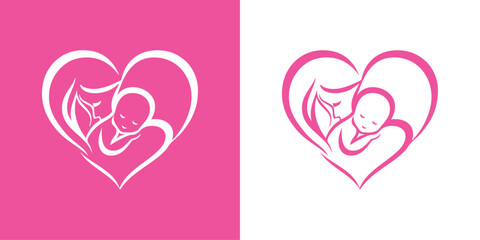 Logotipo con dibujo minimalista con líneas de una madre abrazando a su hijo en un corazón, para tarjetas y felicitaciones del Día de la Madre  © teracreonte