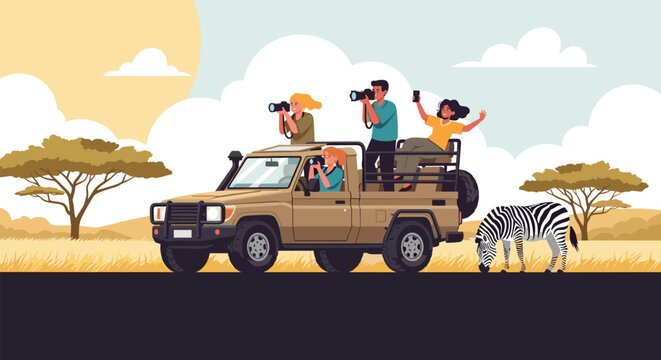 Group of excited tourists taking photos of a zebra grazing in the grass from their open safari jeep in Africa.