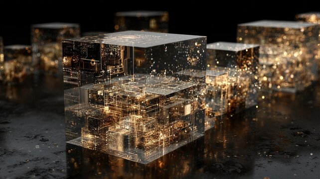 Glowing golden circuit board inside transparent glass cube for quantum computing tech backgrounds.