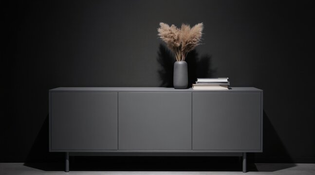 Minimalist grey sideboard with closed cabinets and metal legs. Decorated with a vase of dried flowers and stack of books. Isolated on a dark background, this furniture piece suits modern interiors.