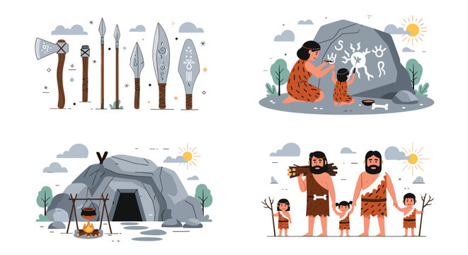 Various scenes of stone age life including hunting with spears, cave painting, and family life near a shelter.