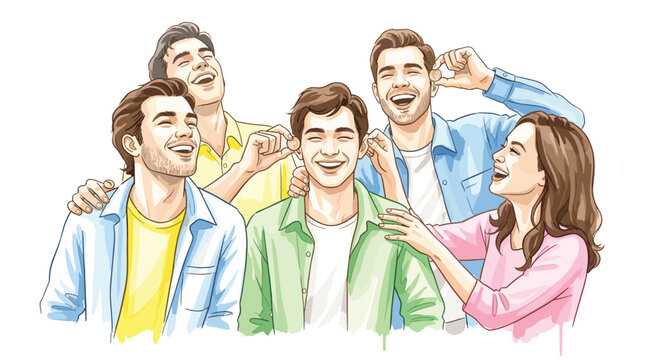 Group of friends laughing and playfully teasing each other with their fingers