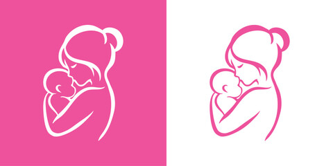 Naklejka premium Logotipo con dibujo minimalista con líneas de una madre abrazando a su hijo, para tarjetas y felicitaciones del Día de la Madre 