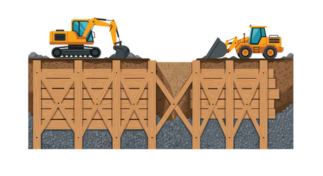 A detailed construction cross-section depicts a yellow excavator and a loader working near a trench supported by sturdy wooden shoring and timber beams.