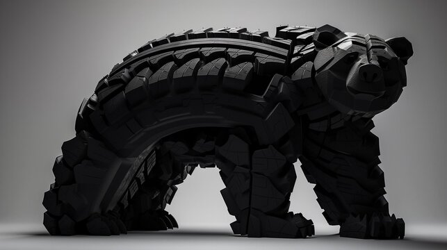 Creative sculpture of a bear made from black rubber tire treads on a grey background
