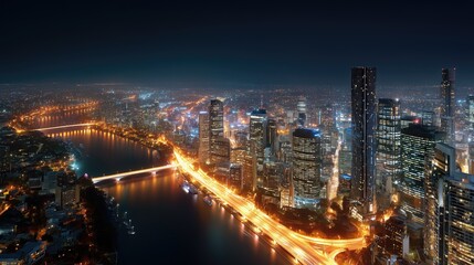 Obraz premium Growth and Expansion in a Modern Business City at Night with Illuminated Skyscrapers and River Views