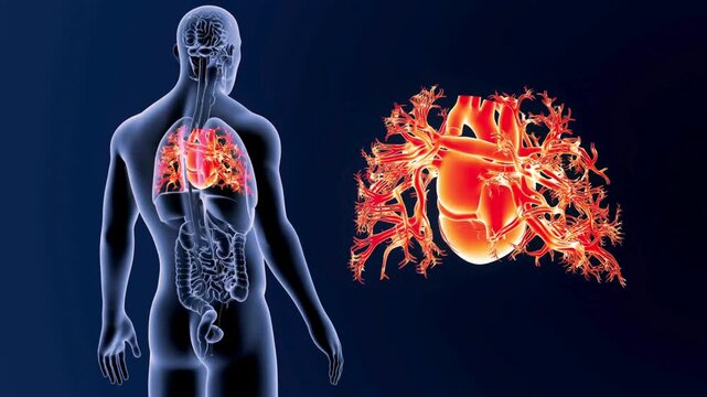 Anatomical illustration of the human circulatory system and lungs against a dark blue background