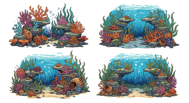 Vibrant underwater coral reef ecosystems showcase diverse sea life including sponges and aquatic plants arranged around rocky structures.
