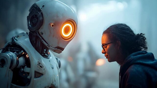 A human and a robot share a profound moment, exploring the connection between technology and emotion.