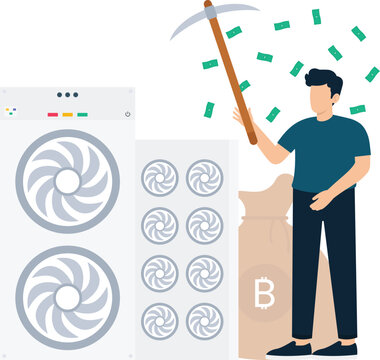 Man mining cryptocurrency digital currency financial investment computer hardware ASIC miner cooling fans earning money virtual wealth modern finance online business pickaxe tool