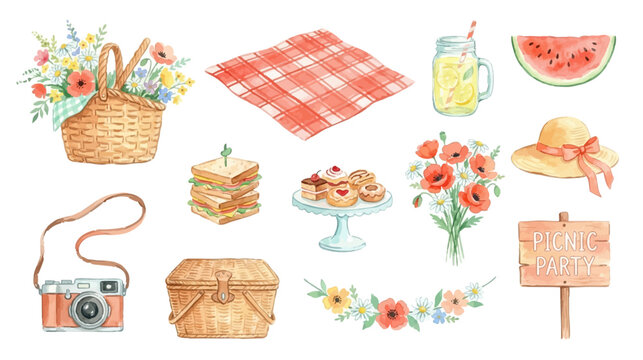 Summer picnic set, outdoor leisure elements, food and floral decorations in soft watercolor style, cozy seasonal vibe. Collection of Vector illustrations for invitation, card, poster, banner, decorati