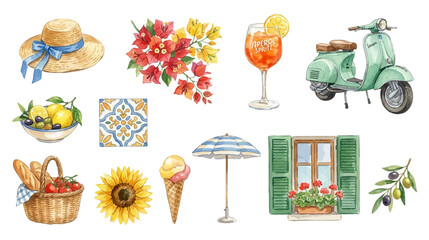 Mediterranean summer set, Italian travel lifestyle, food, flowers and coastal elements in soft watercolor style. Collection of Vector illustrations for invitation, card, poster, banner, decoration © maria