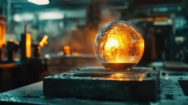 Molten glass forming a glowing orb on a metal surface in an industrial glassblowing workshop, radiating intense heat and bright light amid artisan crafting and hotworking tools