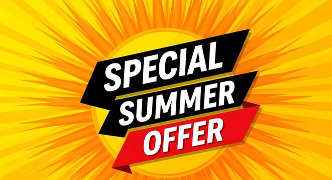 Bright summer sale advertisement with bold text and radiant sunburst background