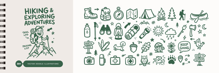 Hiking and Camping Adventure Doodle Vector Set © Studio181
