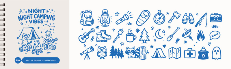 Night Camping Vector Doodle Illustrations Set