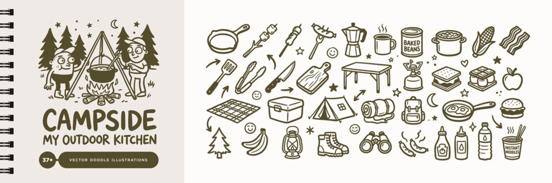 Camping and Outdoor Kitchen Doodle Illustration Set