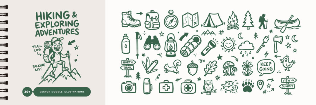 Hiking and Camping Adventure Doodle Vector Set