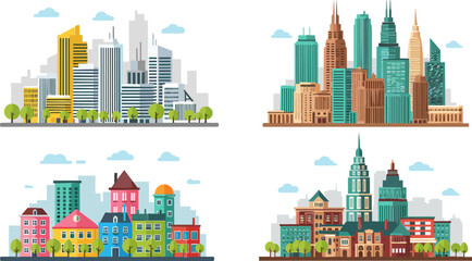Modern Cityscape and Colorful Building Collection with Urban Skyscrapers, Residential Buildings, and City Architecture Vector Illustrations © MdMunzurul