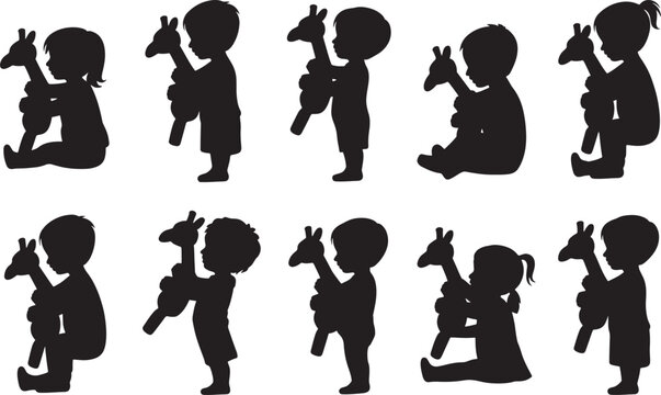 Kids Playing with Toy Giraffe Silhouette Set with Children Activities, Cute Playtime Poses, and Childhood Imagination Icons for Nursery Design
