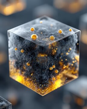 Clean 3D render of flying geometric glass shapes connected by glowing golden threads representing network connectivity on a dark background.