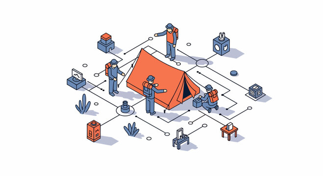 Isometric vector illustration showing group of explorers setting up orange tent in desert camping basecamp scene