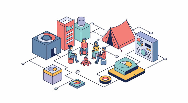 Group camp fire tent data graph work team out art flat icon sun web set