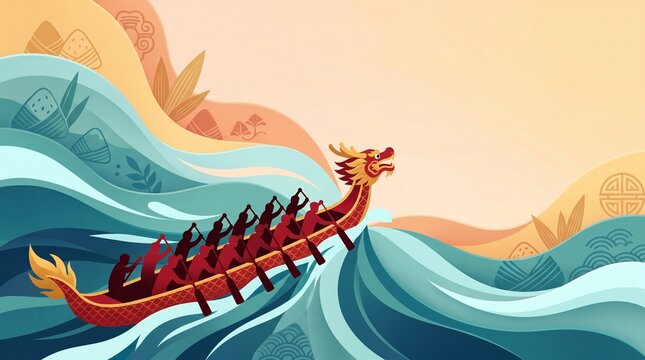 Dragon Boat Crew Cuts Through Stylized Waves in Duanwu Festival Race