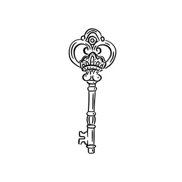 A hand drawn ornate decorative key, drawn in black line.