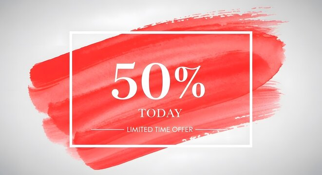 Bold 50 off sale banner with red watercolor brushstroke background