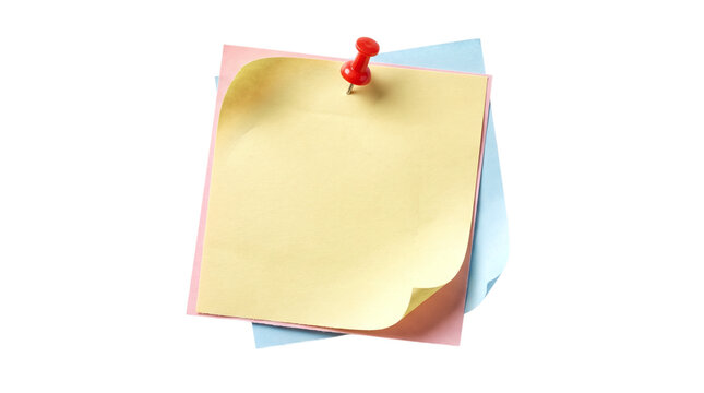 Stack of blank pastel sticky notes attached with a red push pin on a transparent background
