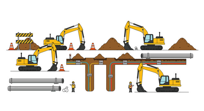 A detailed construction cross-section shows excavators working on underground water and gas pipes with labeled layers of soil in a technical style.