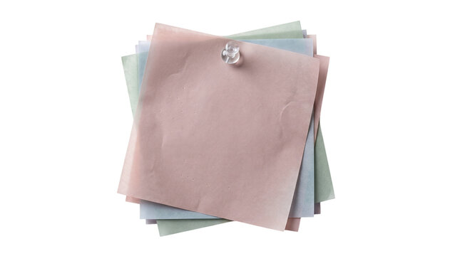 Stack of delicate blank translucent vellum paper notes with a clear pin on a transparent background