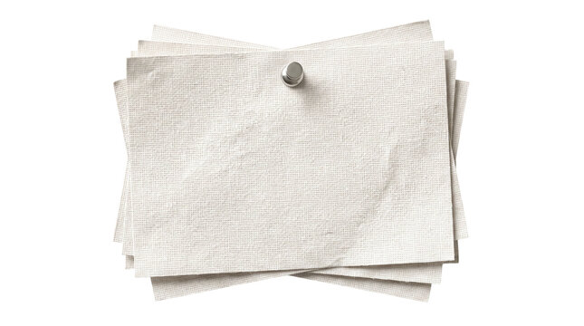 Stack of blank woven canvas texture paper sheets pinned with a metal tack on a transparent background